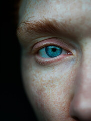 Female Eye Closeup – Blue Eye and Red Hair with High Detail, freckles