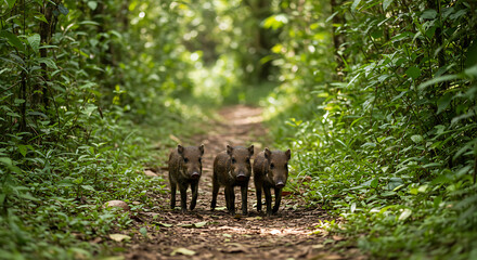 A Trio of Wild Pigs Foraging Through the Undergrowth of a Verdant Rainforest Habitat During a Beautiful Summer Day in Nature