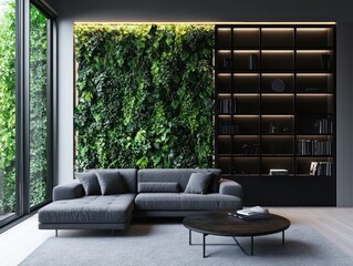 Modern living room with a vertical garden and built-in shelving.  Dark gray sectional, round coffee table, and hardwood floors