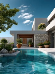 Fototapeta premium Close-up of a two-story family home that incorporates elements of modern architecture