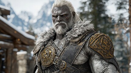 A stern, muscular man with long white hair and a beard, wearing ornate armor and fur, stands before a snowy mountain cabin