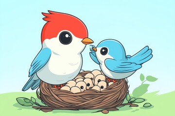 Fototapeta premium Cute birds tending to their eggs in a nest.