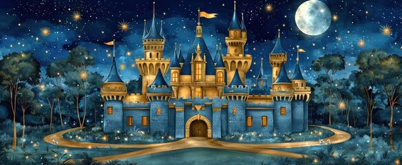 A majestic castle, illuminated at night, sits amidst a whimsical forest, under a bright moon and starry sky.  A path leads to its grand entrance