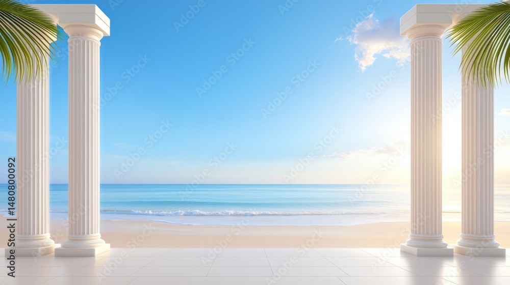 Poster seaside balcony with palm trees and classical architectural columns