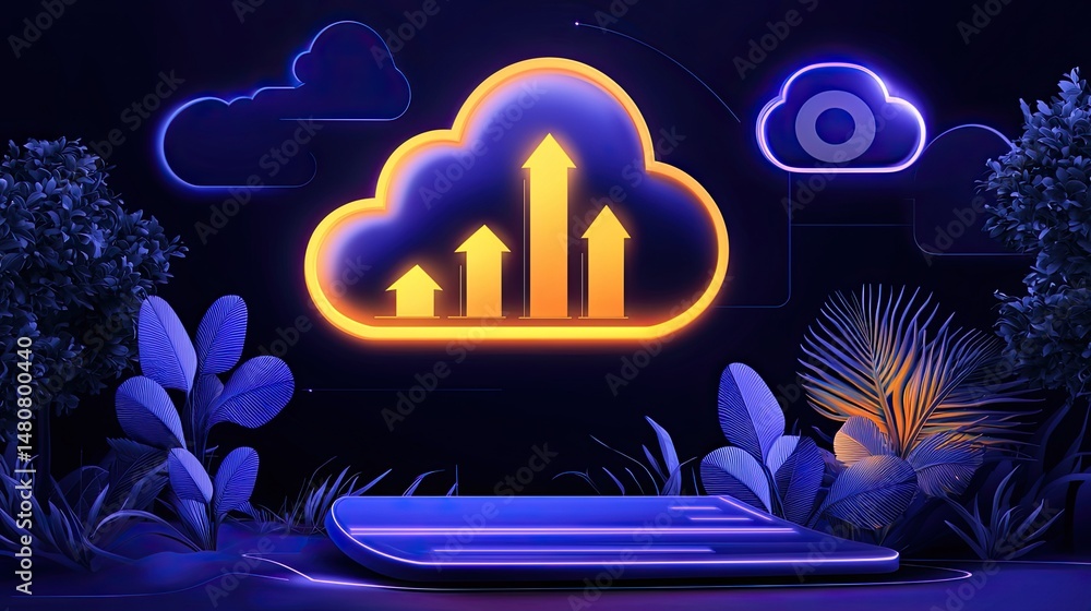 Aufkleber cloud computing illustration with upward trending graphs and neon elements