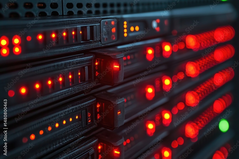 Poster server rack showing lights with blinking red illuminated displays