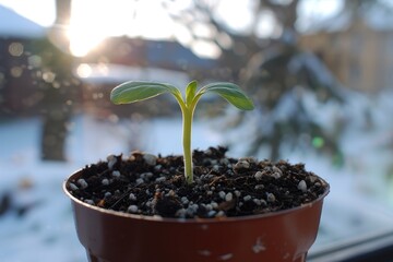 A young sprout emerges from the soil in a terracotta pot.
