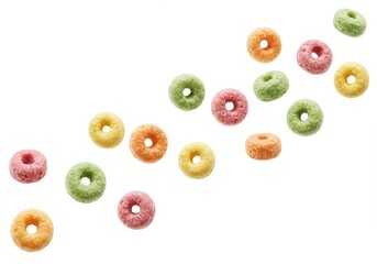 Scattered colorful cereal loops on a white background create a playful and vibrant food scene