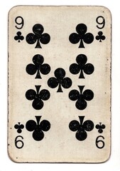 A well worn playing card in the suit of clubs isolated on a white background.