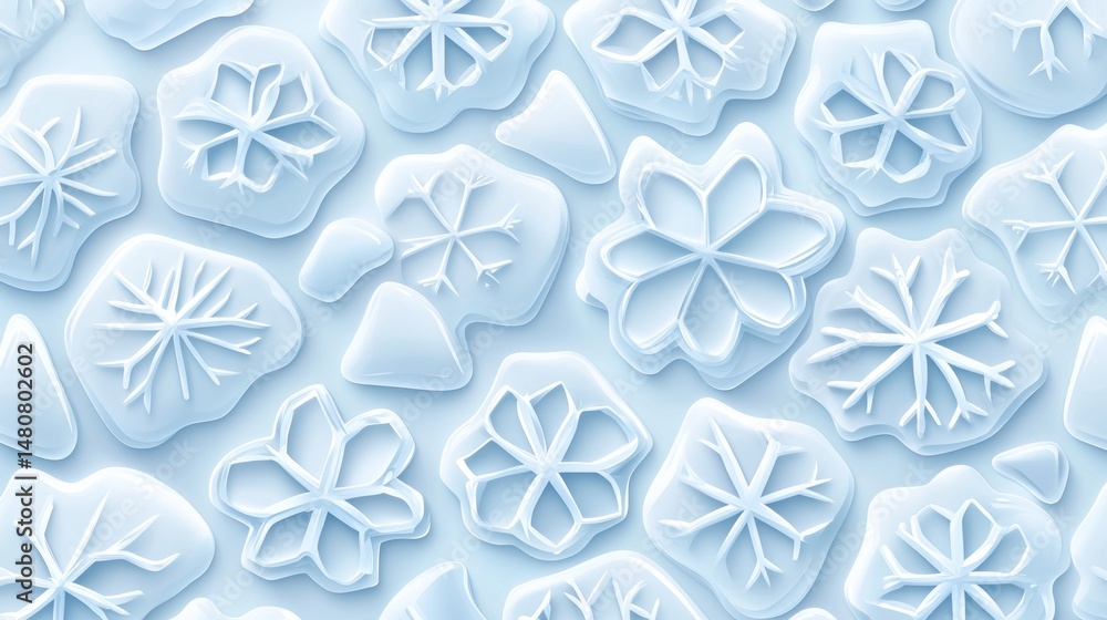 Poster various snowflake shapes with melted edges on a light background