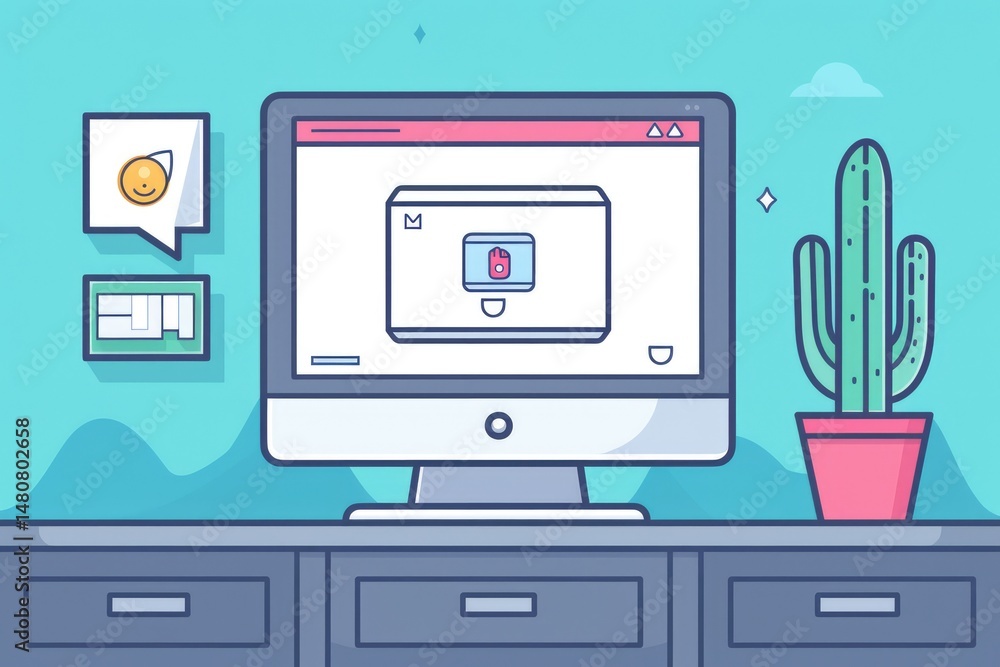 Poster flat design illustration of a computer monitor and a cactus.