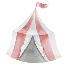 A circus tent with red and white stripes is highlighted on a white background.