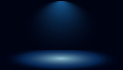 3D studio with dark blue background with top light shining down on the floor. Abstract gradient backdrop wall. Editable illustration for product display. © 100yDesign