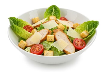 Close up of a chicken caesar salad with romaine lettuce, parmesan cheese, tomatoes and croutons in a white bowl