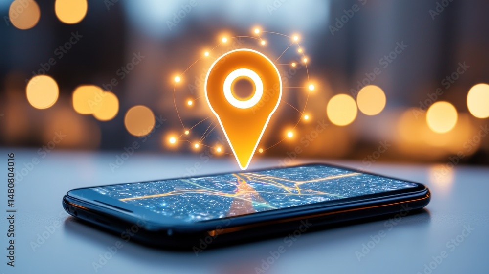 Aufkleber Glowing location pin appears over a smartphone displaying a map
