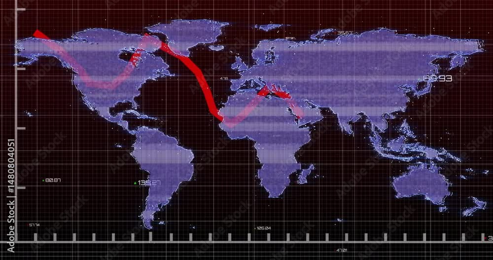 Poster pixelated global map displaying violet grid and red arrow tracing path with floating numeric labels
