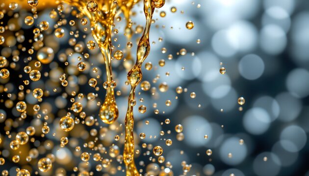 oil drops splash, oil circle droplets with realistic liquid bubbless cascade down, falling oil drops with splashing gold liquid create a paradise in silver tones