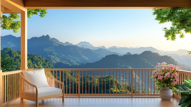 Wood balcony with furniture overlooks layers of green mountain ranges - Powered by Adobe