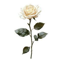 Elegant White Rose with Green Leaves on a Stem, Perfect for Decorations and Gifts on transparent background
