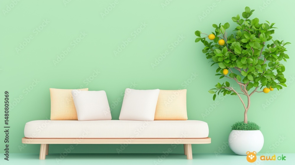 Poster a simple cream colored couch with pillows and potted tree