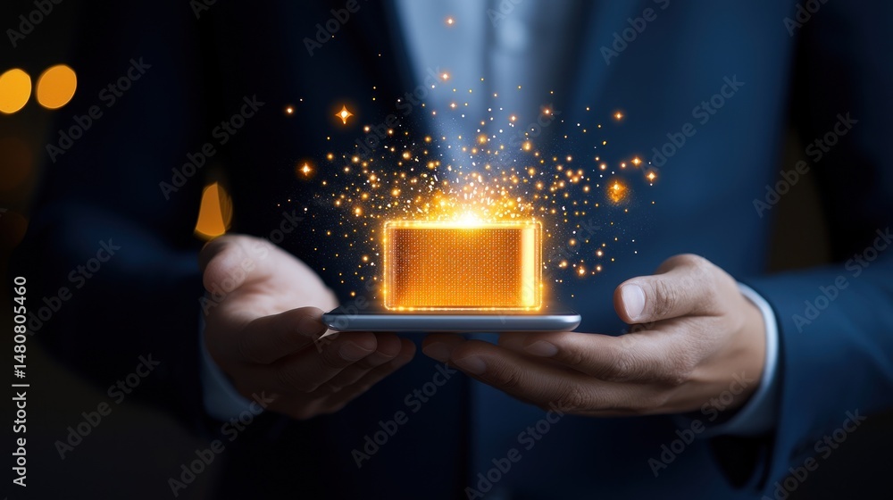 Poster man holds a glowing box over a smartphone display