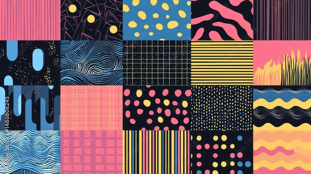 Poster a vibrant collage of geometric and abstract patterns in various colors and textures