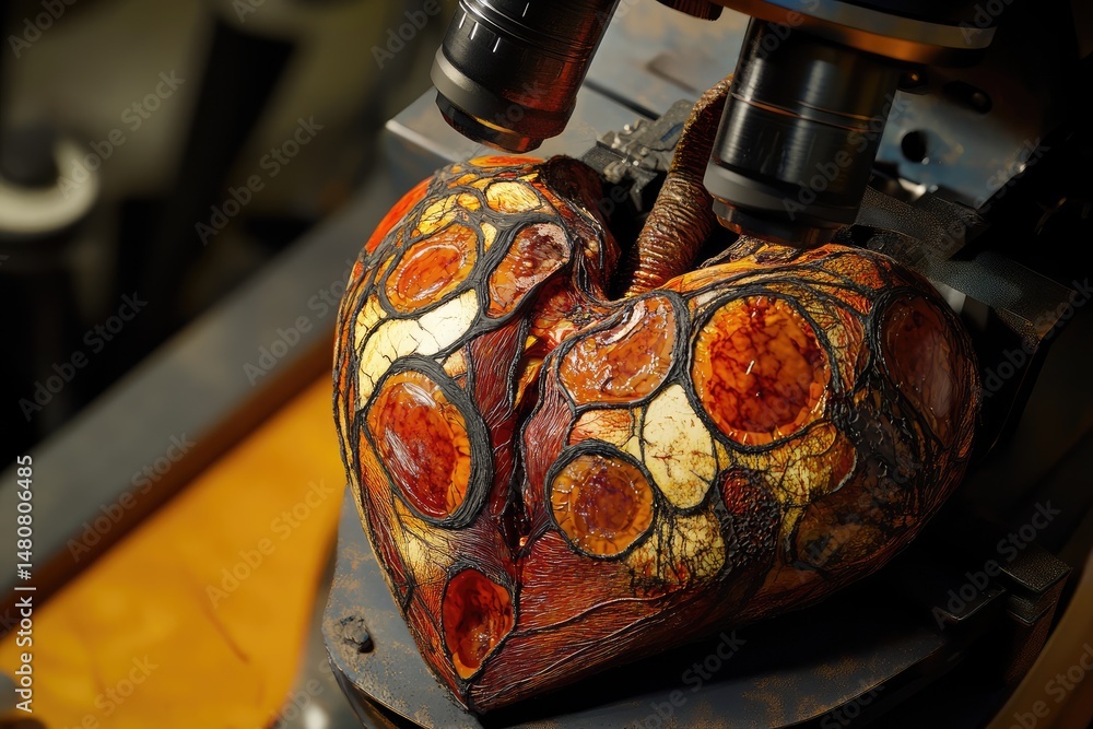 Poster a bizarre, organic-looking heart with bubble-like structures, examined closely under a microscope in