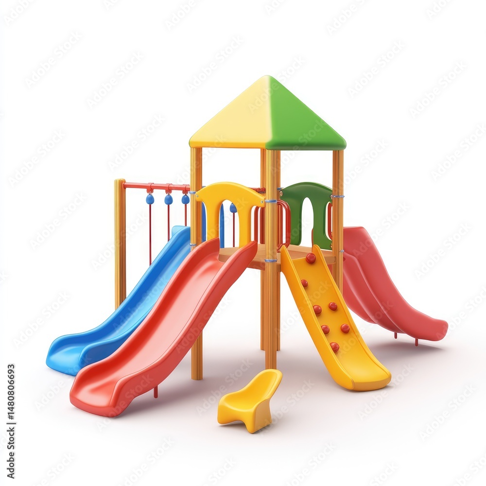 Poster colorful playground structure with slides and climbing features.