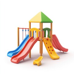 Colorful playground structure with slides and climbing features.