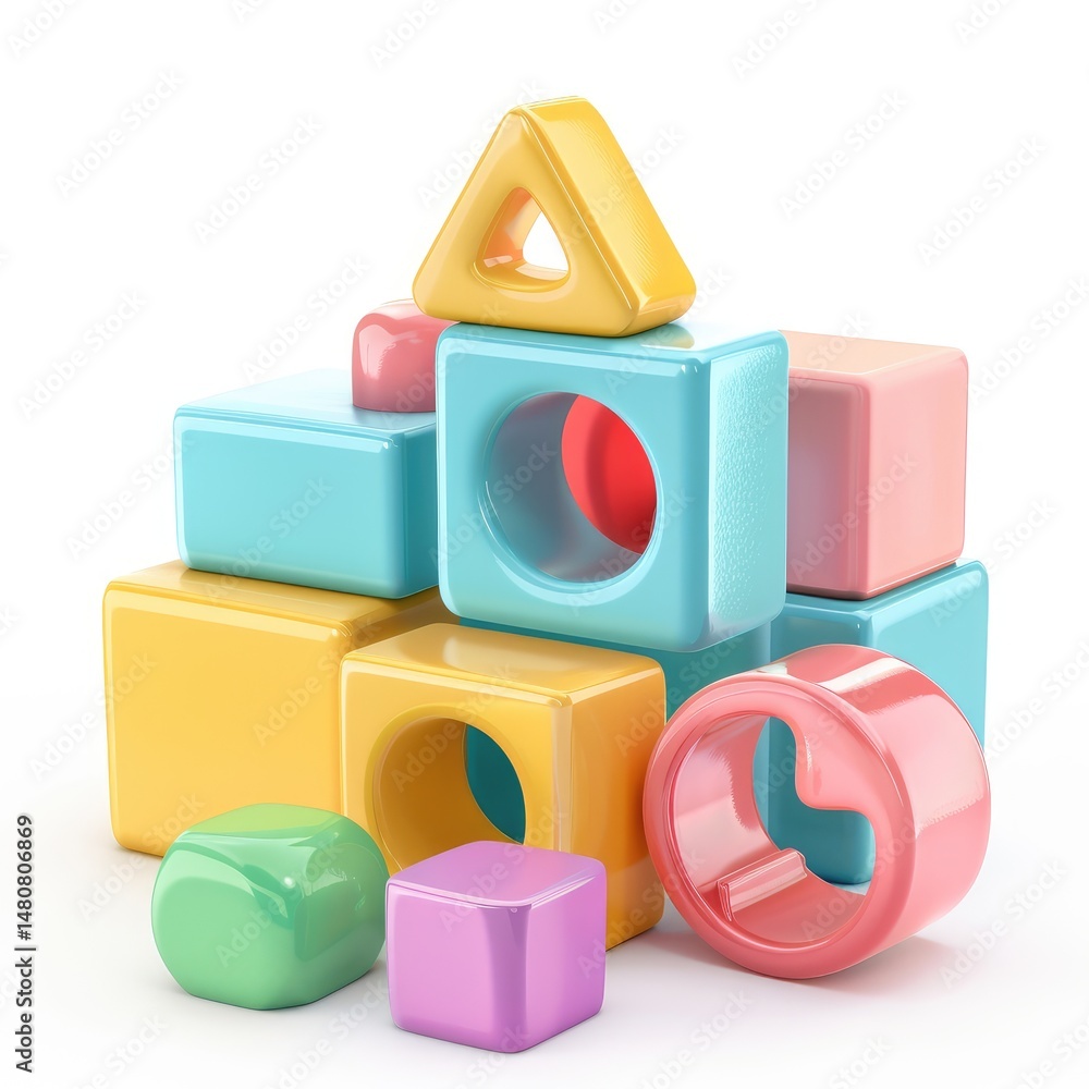 Poster colorful, stacked building blocks with various shapes and sizes.