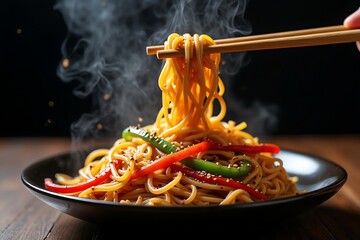 Steaming Noodles with Vibrant Peppers Held by Chopsticks