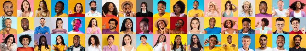 Poster A collection of diverse faces from various backgrounds is displayed, capturing joyful expressions and showcasing diverse lifestyles against colorful backgrounds.