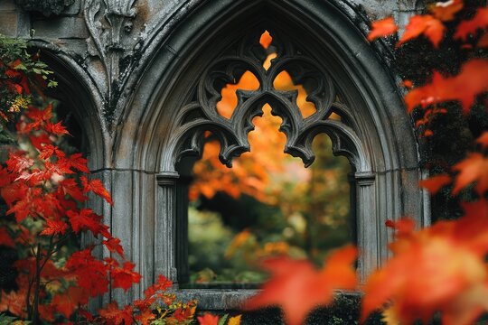 Ornate stone window frames vibrant autumn foliage, creating a picturesque view with contrasting textures and warm, colorful tones.