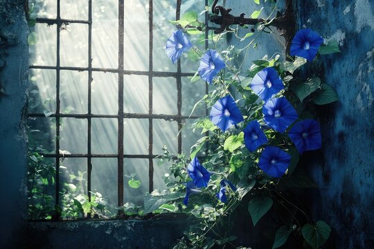 Morning sun rays illuminate vibrant blue morning glories climbing an old window.