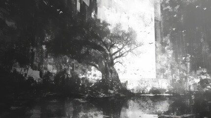 Monochromatic scene solitary tree by water, amidst decaying structures and birds