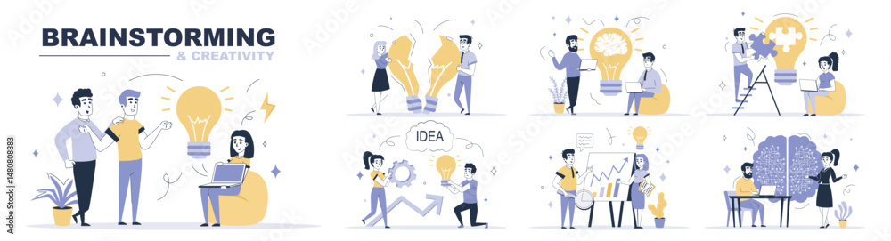 Poster brainstorming and creativity concept set in flat web design. collection with people generate new ide