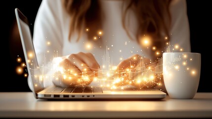 Woman working on laptop with futuristic digital visualization overlay