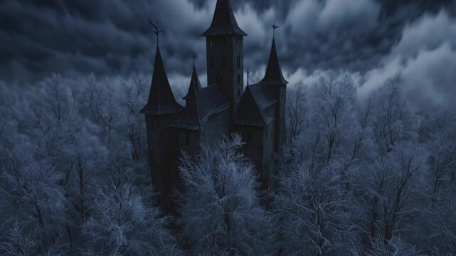 Mysterious gothic castle rising from a snowy forest at twilight, enveloping the scene in a mystical and evocative atmosphere filled with enchantment and intrigue