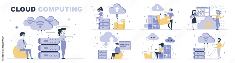 Poster Cloud computing concept set in flat web design. Collection with people processing data, make sync, using online storage and hosting services. Flat vector illustration isolated on white background.