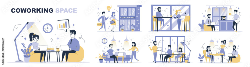Poster coworking space concept set in flat web design. collection with people work at laptop in open office