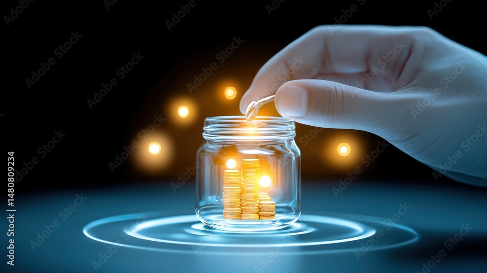 Poster hand adding coin into glass jar with money inside