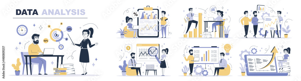 Poster Data analysis concept set in flat web design. Collection with people make marketing research with forecast report, work with charts and graphs. Flat vector illustration isolated on white background.