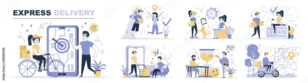 Aufkleber Express delivery concept set in flat web design. Collection with people tracking online order shipping, courier delivering packages to clients. Flat vector illustration isolated on white background.