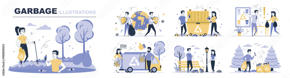 Poster garbage concept set in flat web design. collection with people cleaning park, picking trash, sorting