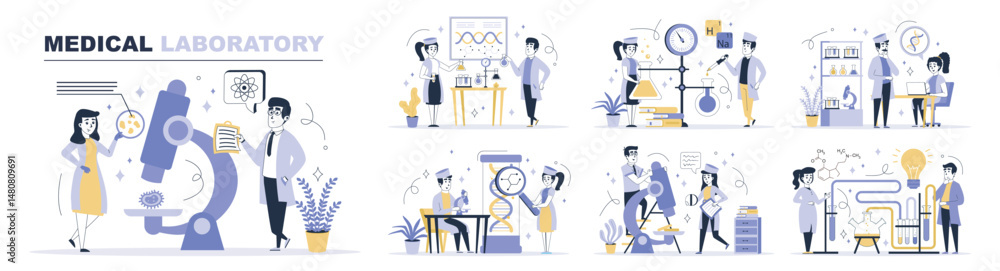 Poster medical laboratory concept set in flat web design. collection with people making researching by micr