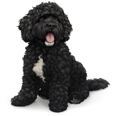 Black cockapoo puppy portrait against white background.