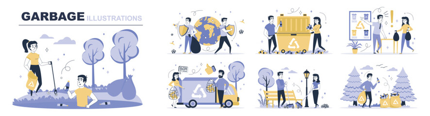 Garbage concept set in flat web design. Collection with people cleaning park, picking trash, sorting waste, recycling and helping planet nature. Flat vector illustration isolated on white background.
