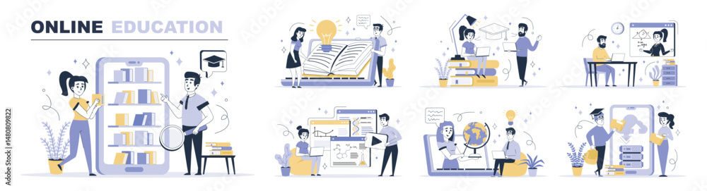 Poster online education concept set in flat web design. collection with people learning distant at educatio