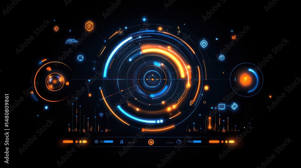 Aufkleber Digital interface with glowing concentric rings and various graphical elements
