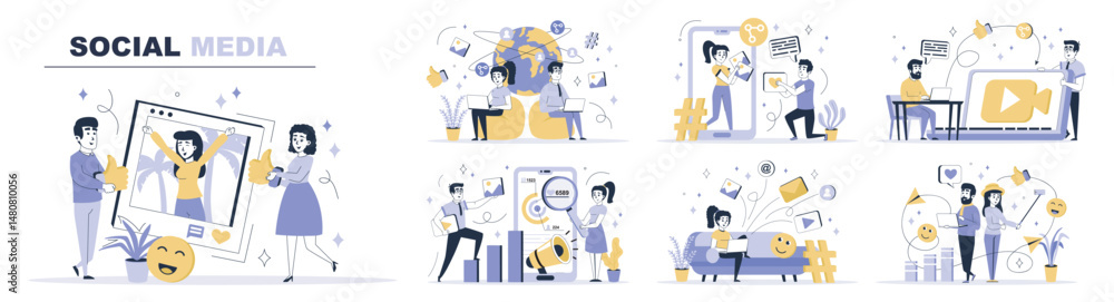 Poster social media concept set in flat web design. collection with people make ne posts with photo or vide